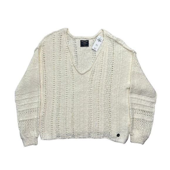 Abercrombie & Fitch Sweater Women's Size Large Cream Waffle Kint V-Neck Sweater - Picture 1 of 8